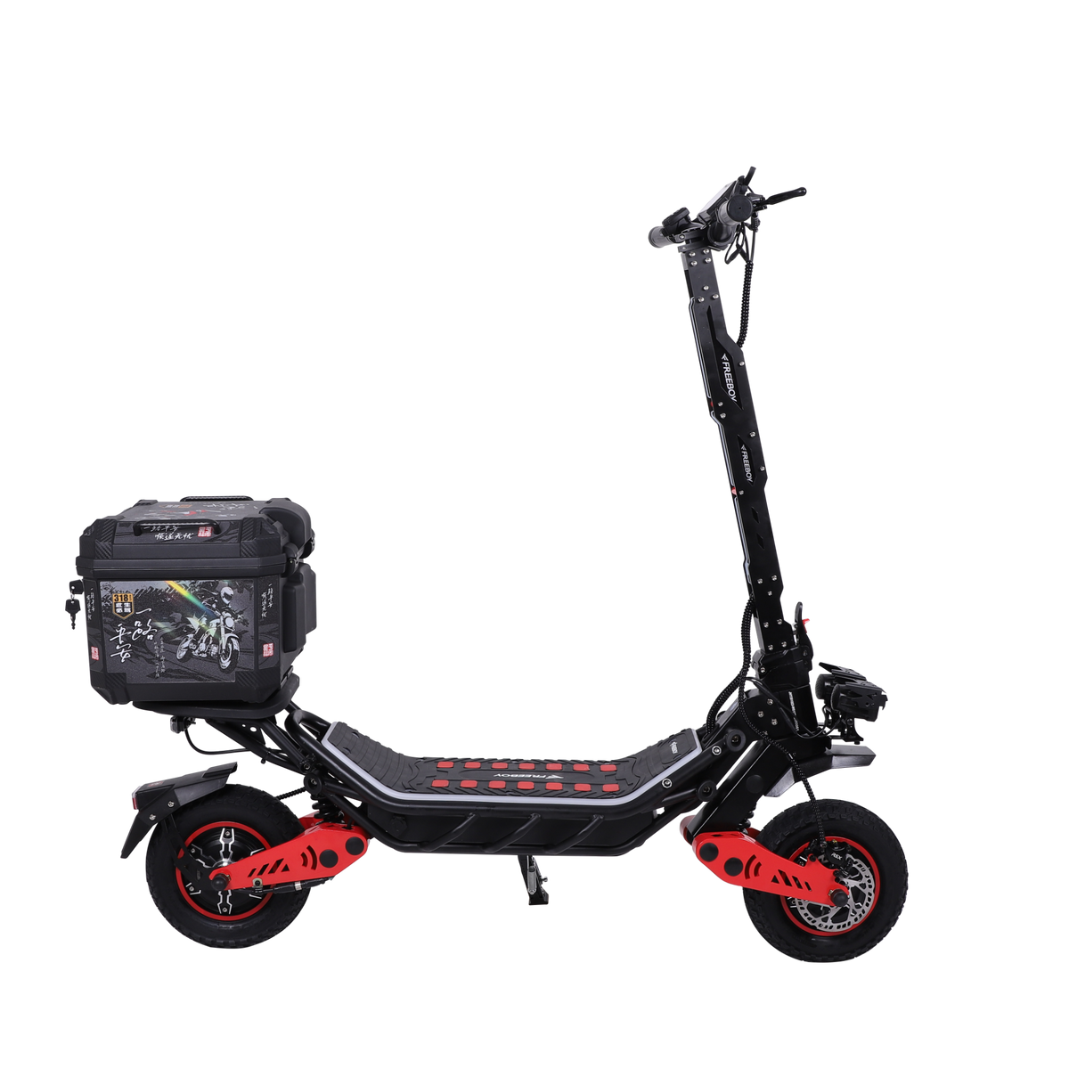 FREEBOY H10 electric scooter opposite side view with rear cargo box on white background