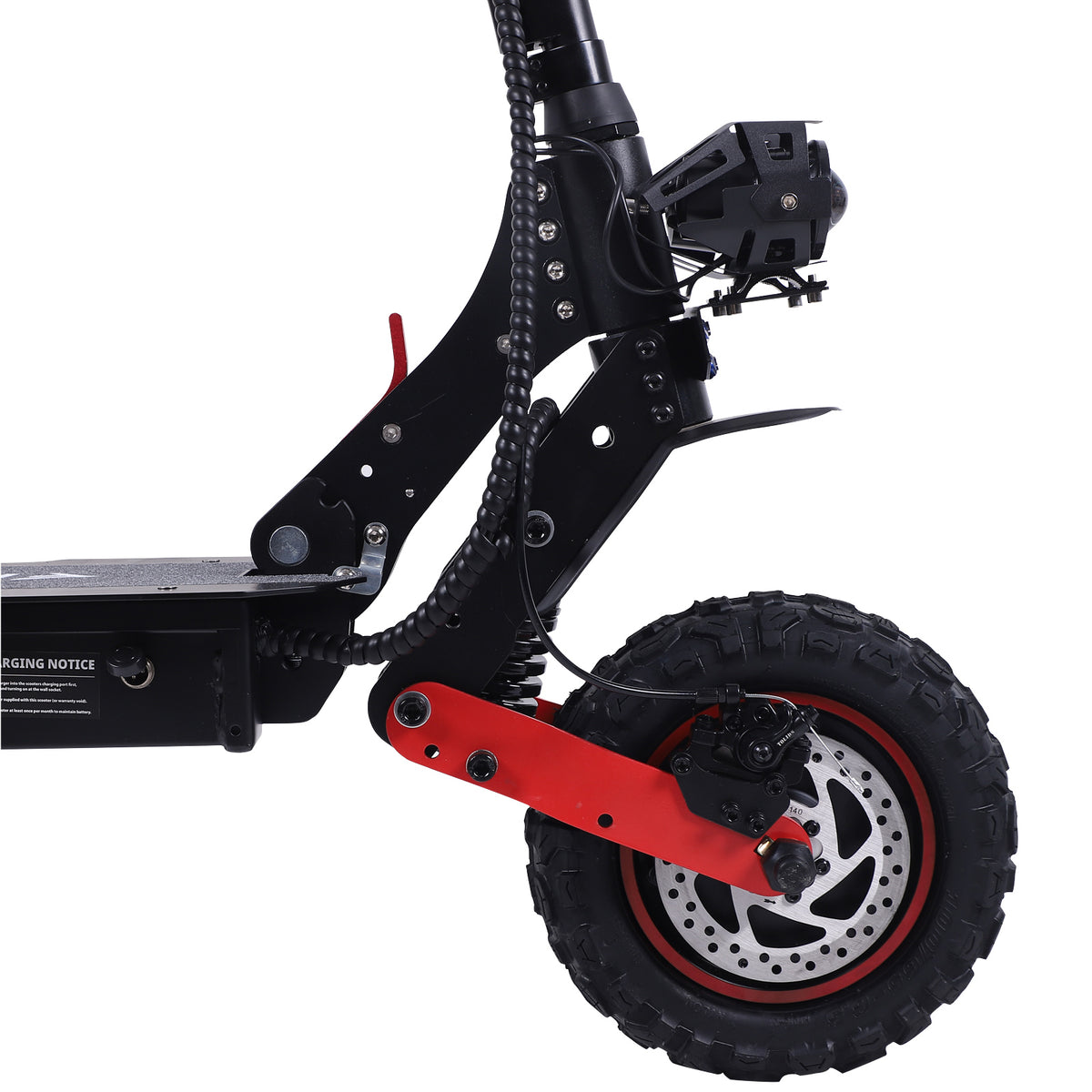 FREEBOY H6 electric scooter front suspension and wheel detail on white background