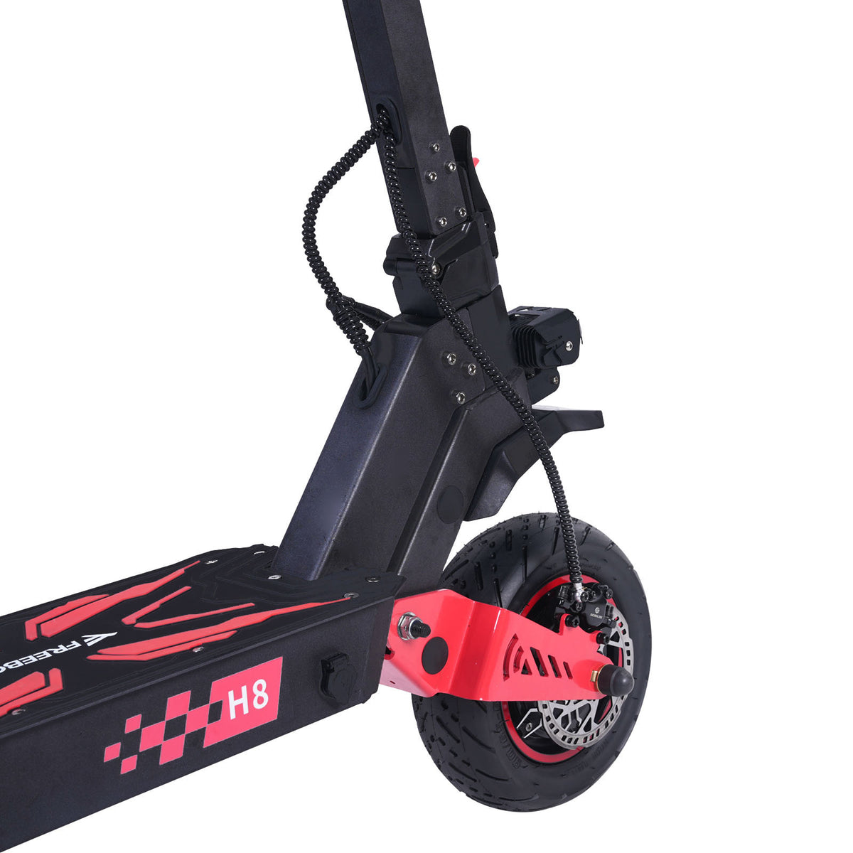 FREEBOY H8 black electric scooter front frame and wheel detail on white background