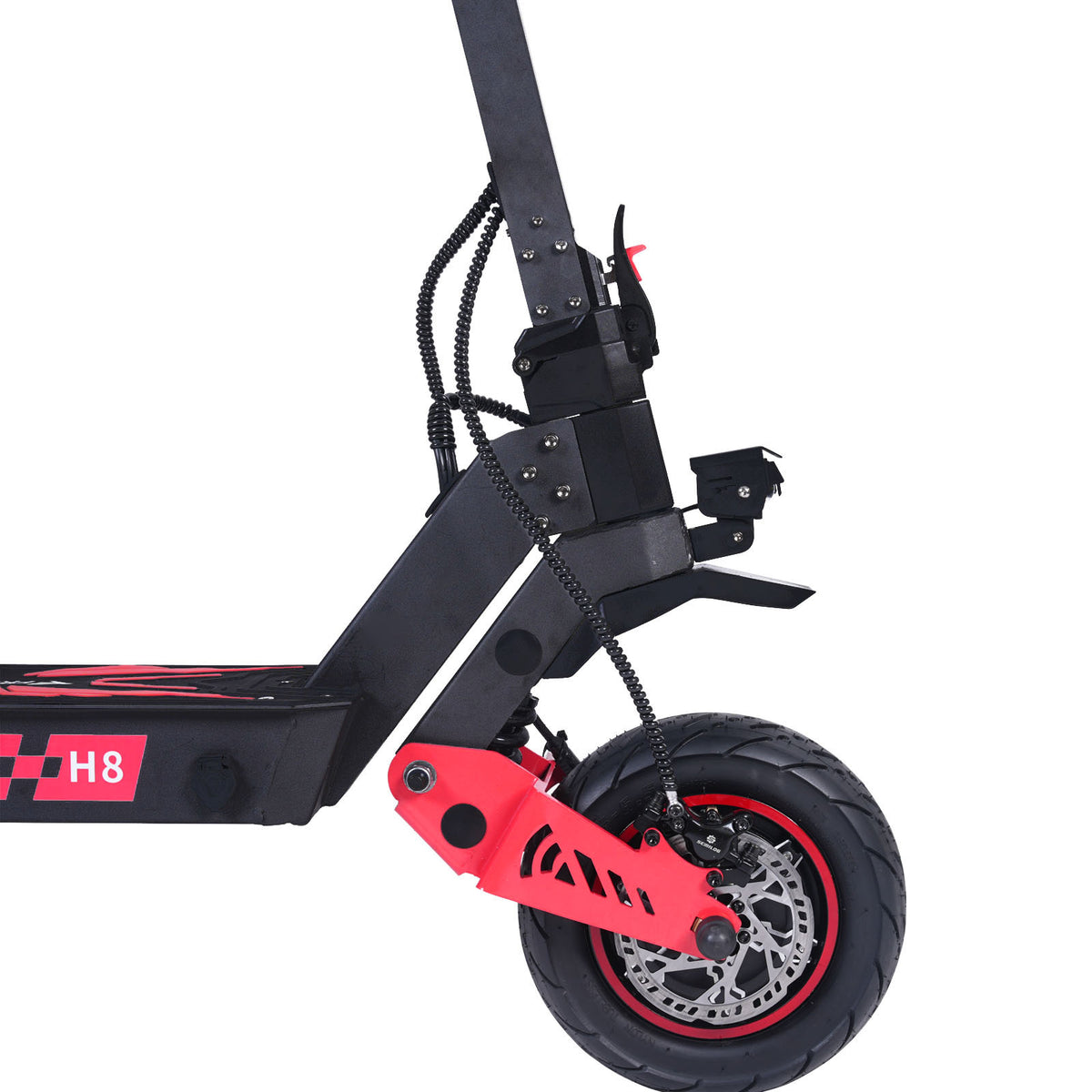 FREEBOY H8 black electric scooter front wheel and brake detail on white background