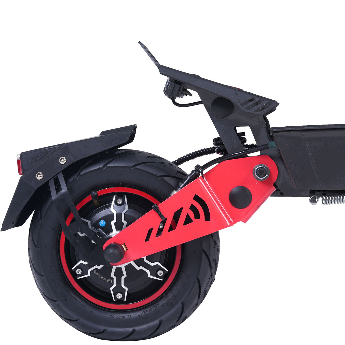 FREEBOY H8 black electric scooter rear wheel detail on white background