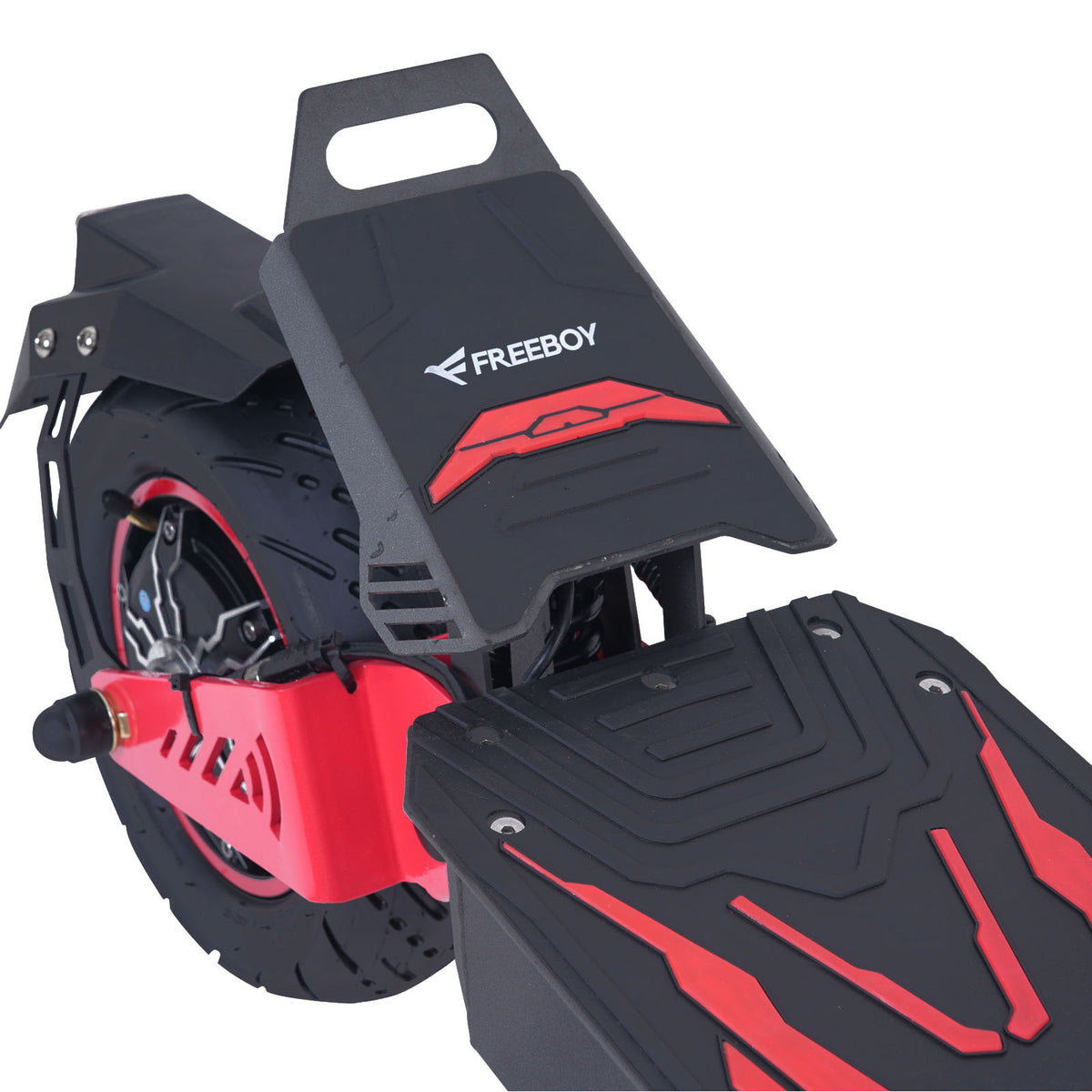 FREEBOY H8 black electric scooter rear footrest and deck detail on white background