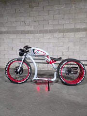 Custom retro electric cruiser in silver and red, full side view
