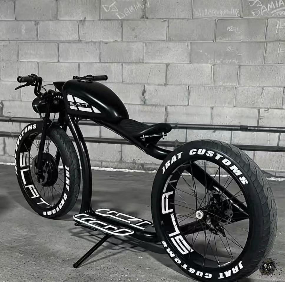 Custom retro electric cruiser in black and white, rear three-quarter view